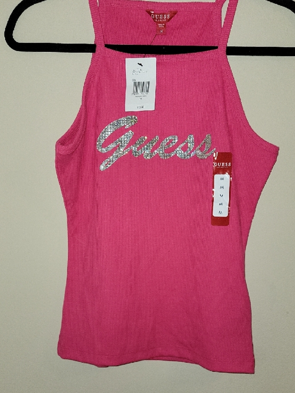 GUESS Hot Pink Rhinestone Logo Ribbed Tank - Picture 2 of 5